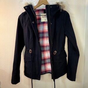 Hollister Navy Faux‎ Fur Hood Lined Jacket Womens XS